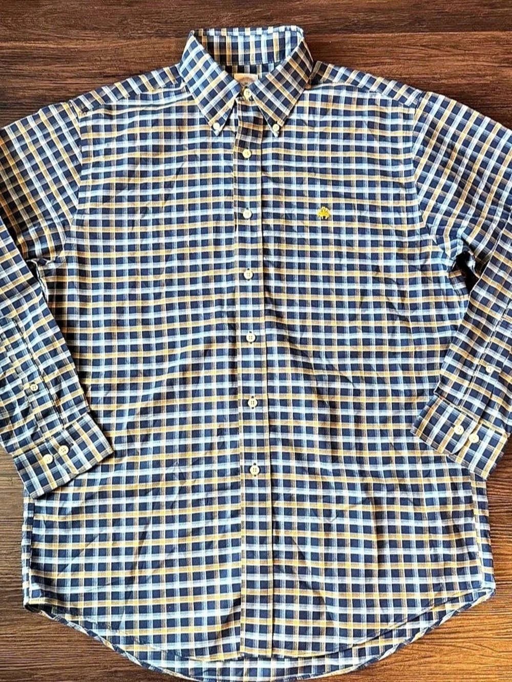 Brooks Brothers Shirt Medium The Original Plaid Non Iron Long Sleeve Blue Yellow